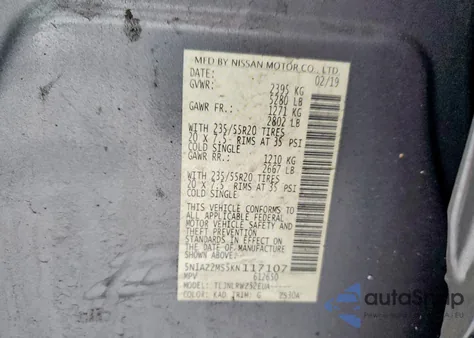 2019 Nissan Murano S z USA, uszkodzony, nr VIN 5N1AZ2MS5KN117107